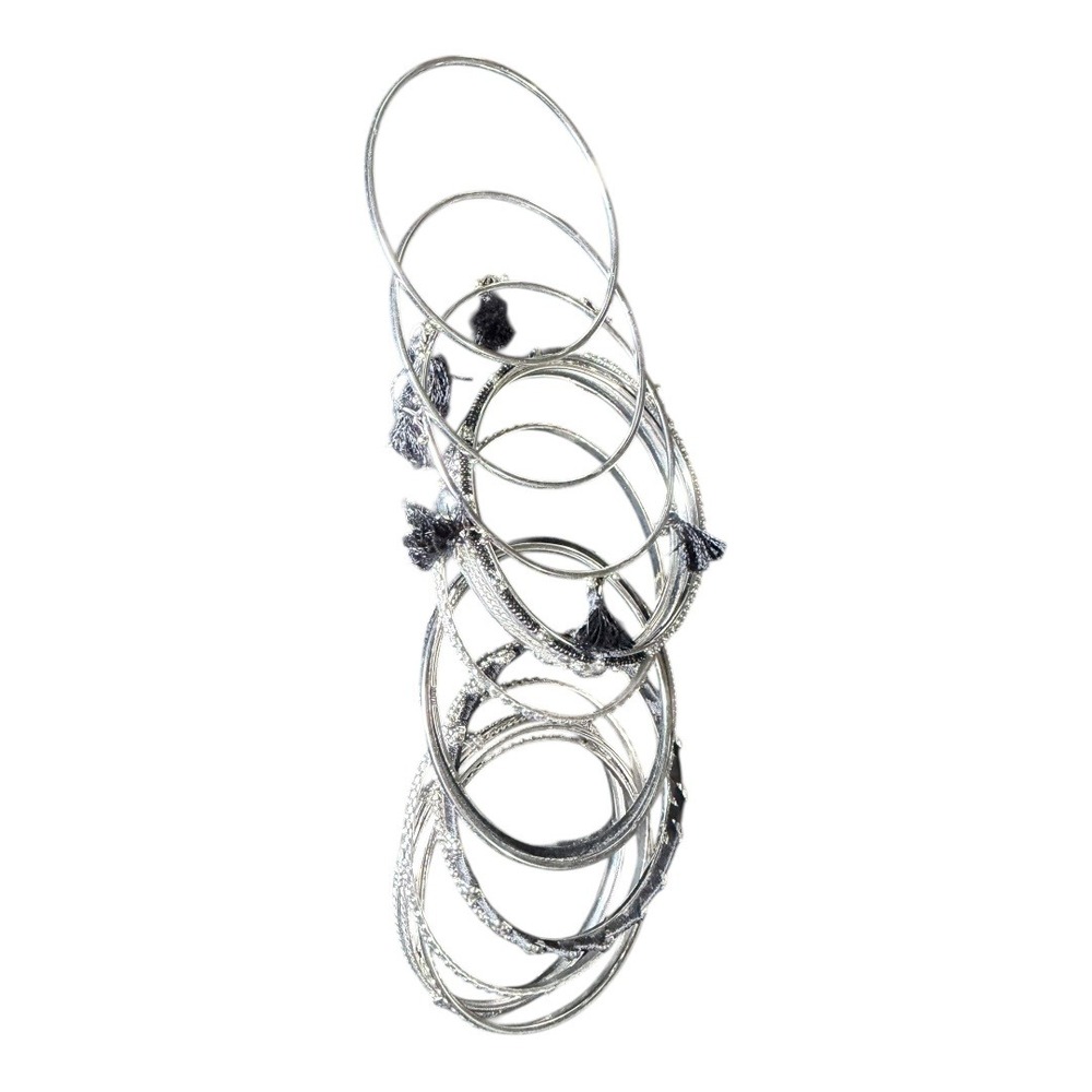 Boho Silver Bangle Bracelet Set Black Tassels Beaded Stackable Mixed Metal Style